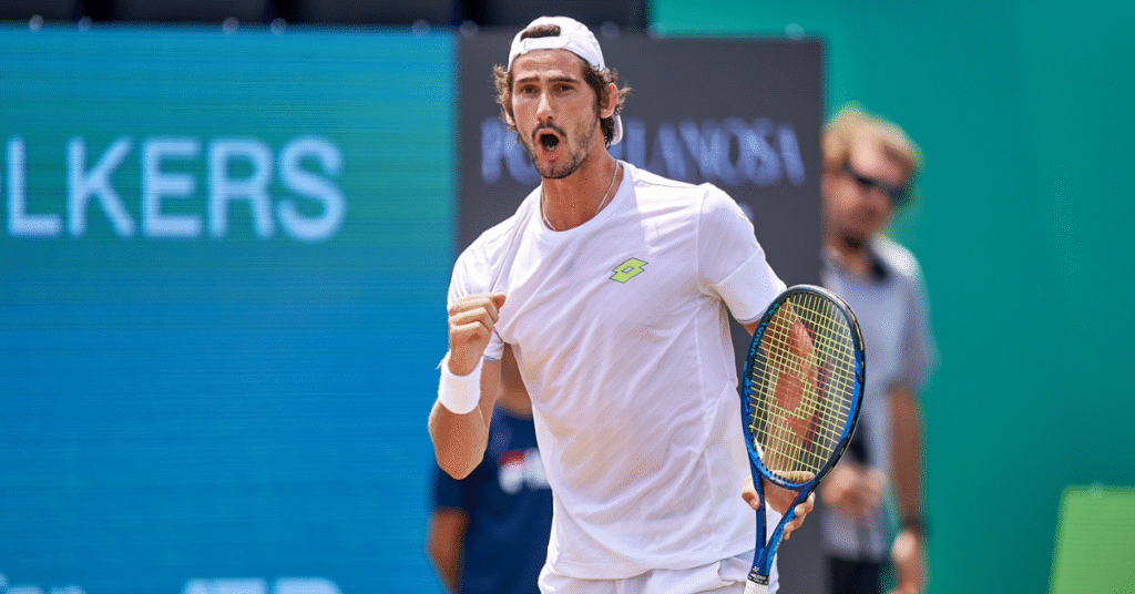 South African tennis player Lloyd Harris celebrating a point at Wimbledon 2024