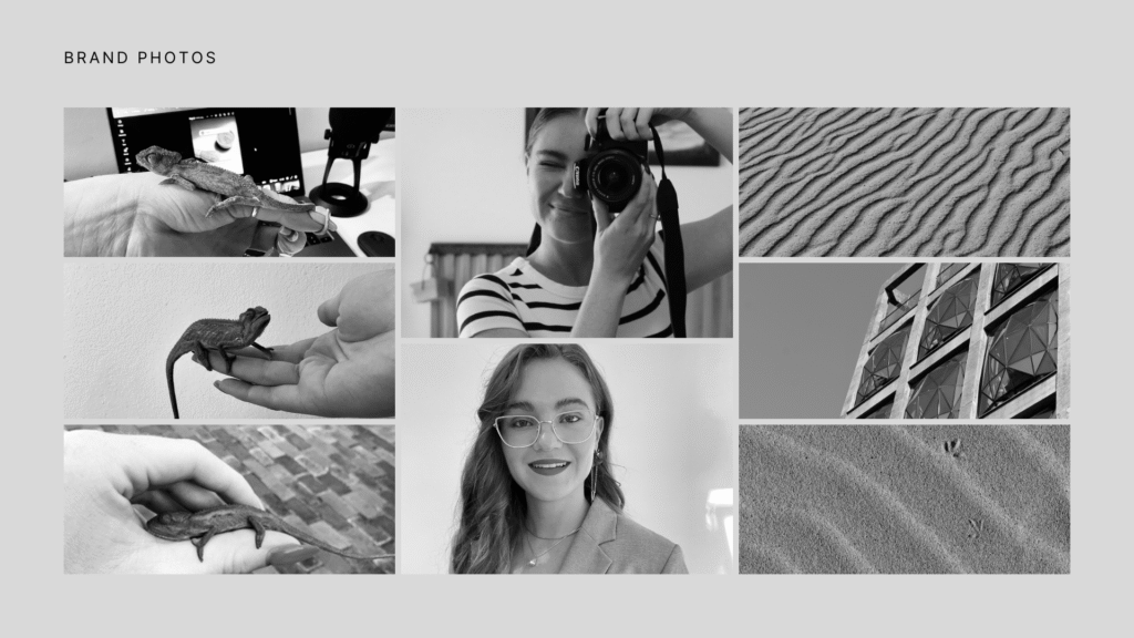 Gesiggie digital branding portfolio showcasing logo design, color palette, typography, mockups, and social media strategy in a modern monochrome style.