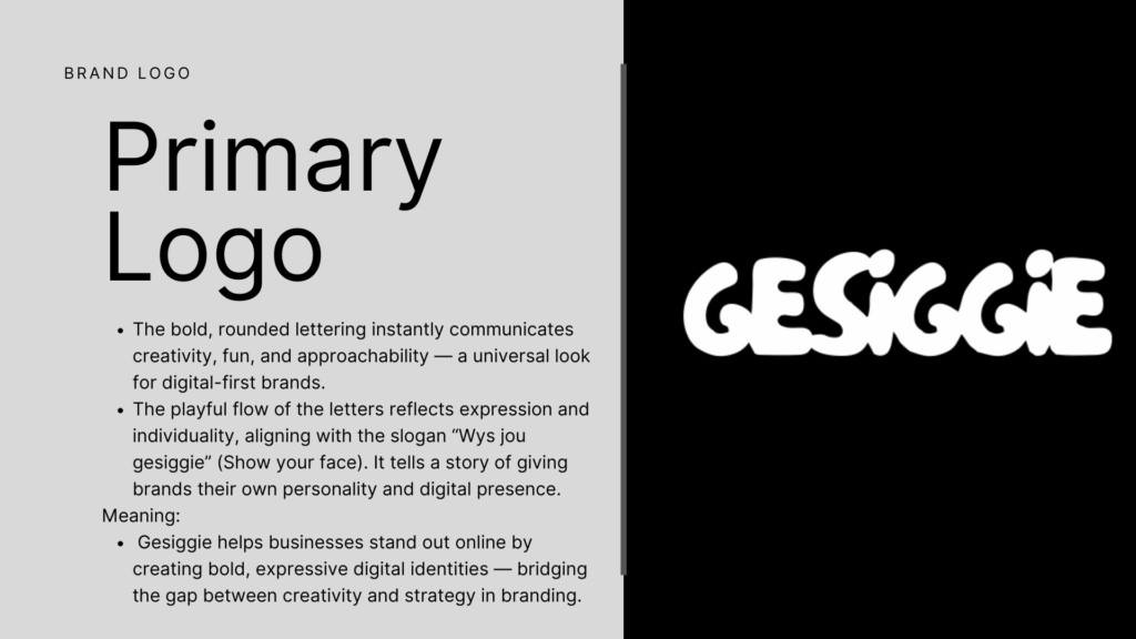 Gesiggie digital branding portfolio showcasing logo design, color palette, typography, mockups, and social media strategy in a modern monochrome style.