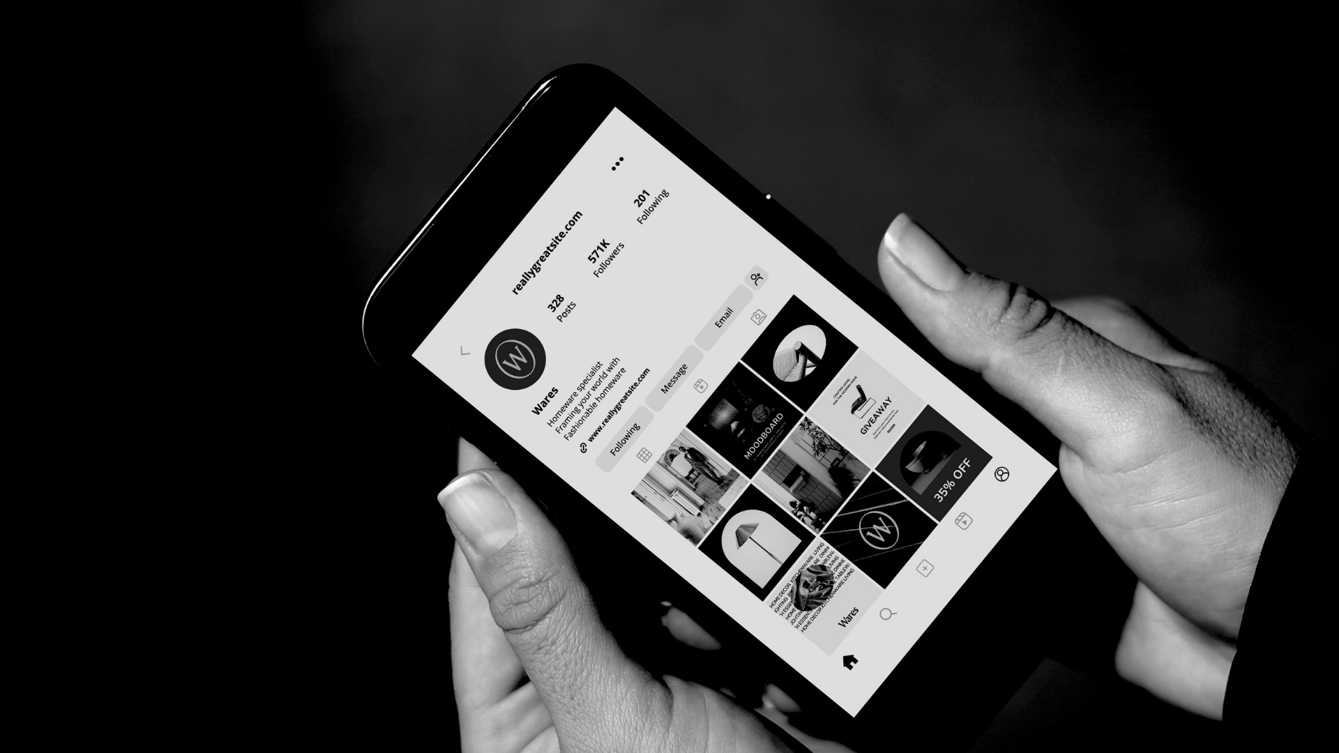 Black and white phone mockup showing a social media profile for a fashion brand.