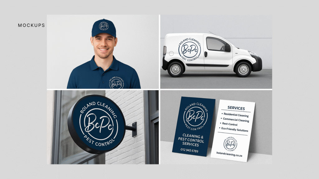 Boland Cleaning & Pest Control branding mockup featuring staff uniform, service vehicle, outdoor signage, and marketing materials.