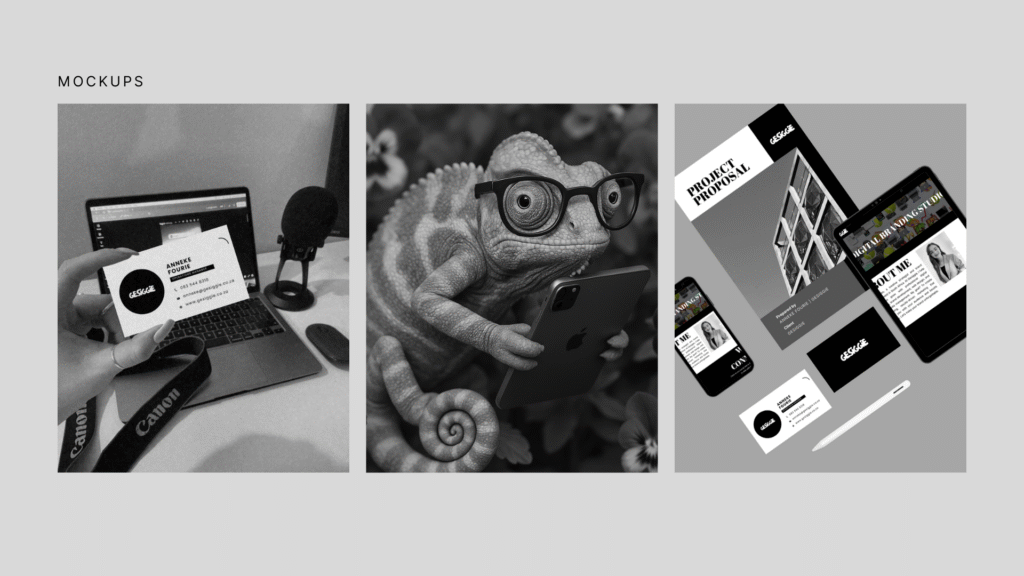 Gesiggie digital branding portfolio showcasing logo design, color palette, typography, mockups, and social media strategy in a modern monochrome style.