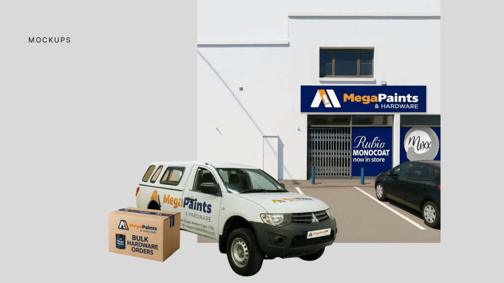 Mega Paints & Hardware branding mockup showing store signage, delivery vehicle, and bulk packaging design.