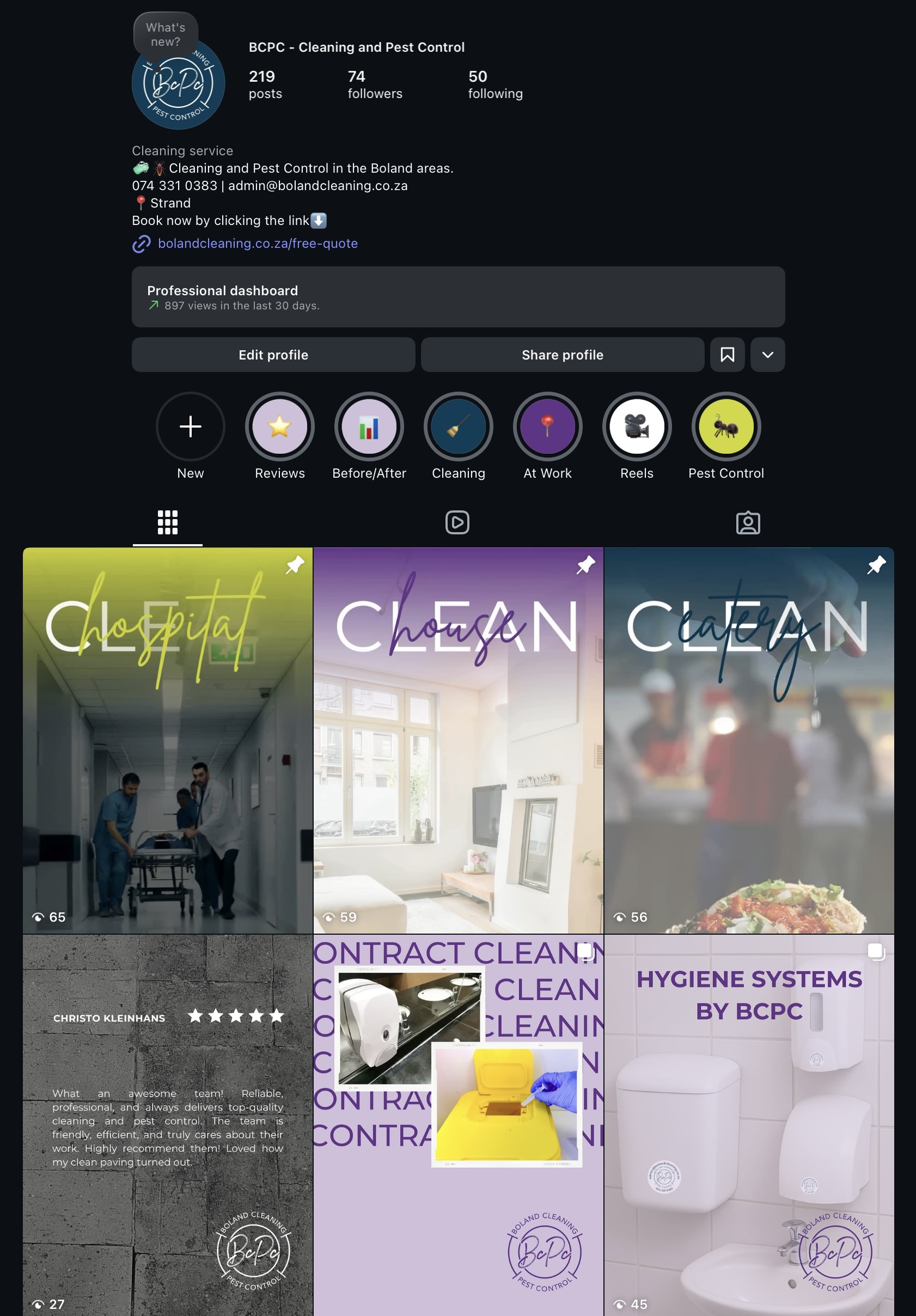 Instagram portfolio view of Boland Cleaning & Pest Control, highlighting cleaning services and pest management solutions in the Helderberg.