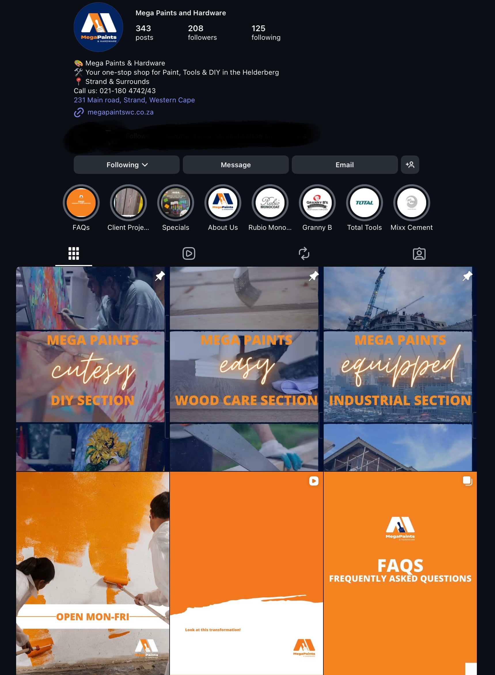 Instagram page preview of Mega Paints & Hardware Strand, showcasing paint, tools, and DIY supplies.