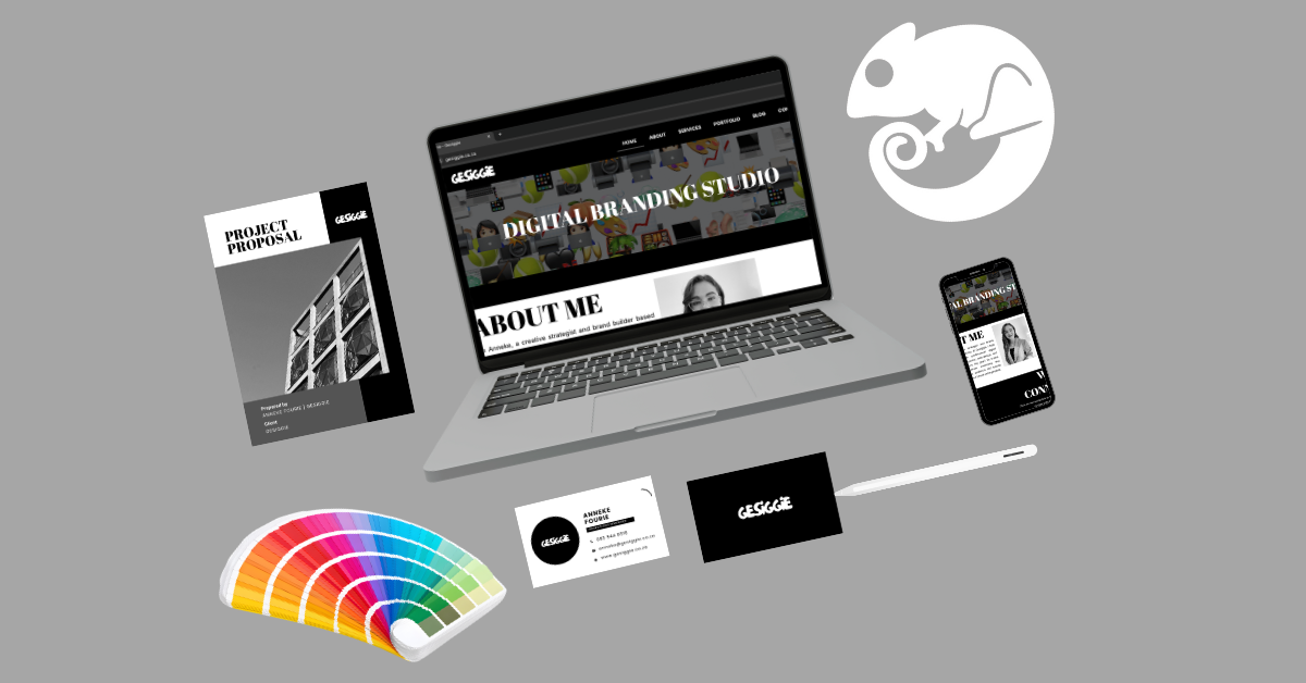 Gesiggie digital branding workspace showing laptop with website design, brand proposal booklet, colour palette, business cards, smartphone preview, and chameleon logo representing creative digital marketing services.