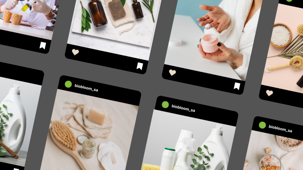 Instagram grid mockup for biobloom_sa showing clean lifestyle posts, product imagery and eco wellness visuals.