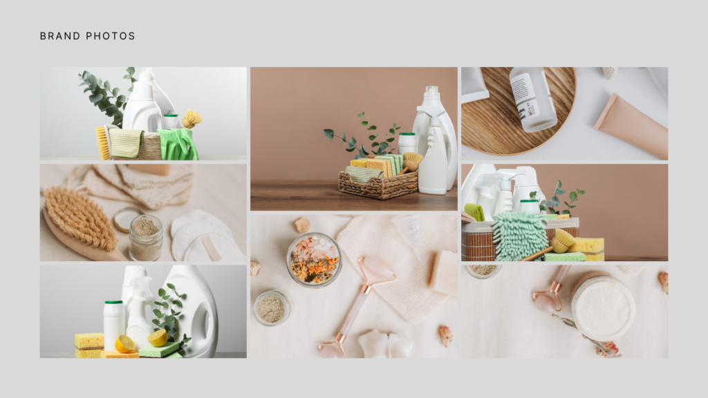 BioBloom brand photo moodboard with eco cleaning bottles, natural textures, baskets, sponges and wellness elements.