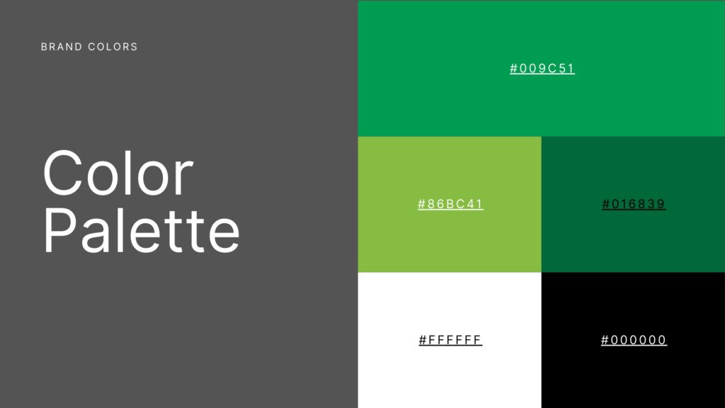 BioBloom colour palette slide with green tones and neutrals: #009C51, #86BC41, #016839, #FFFFFF, #000000.
