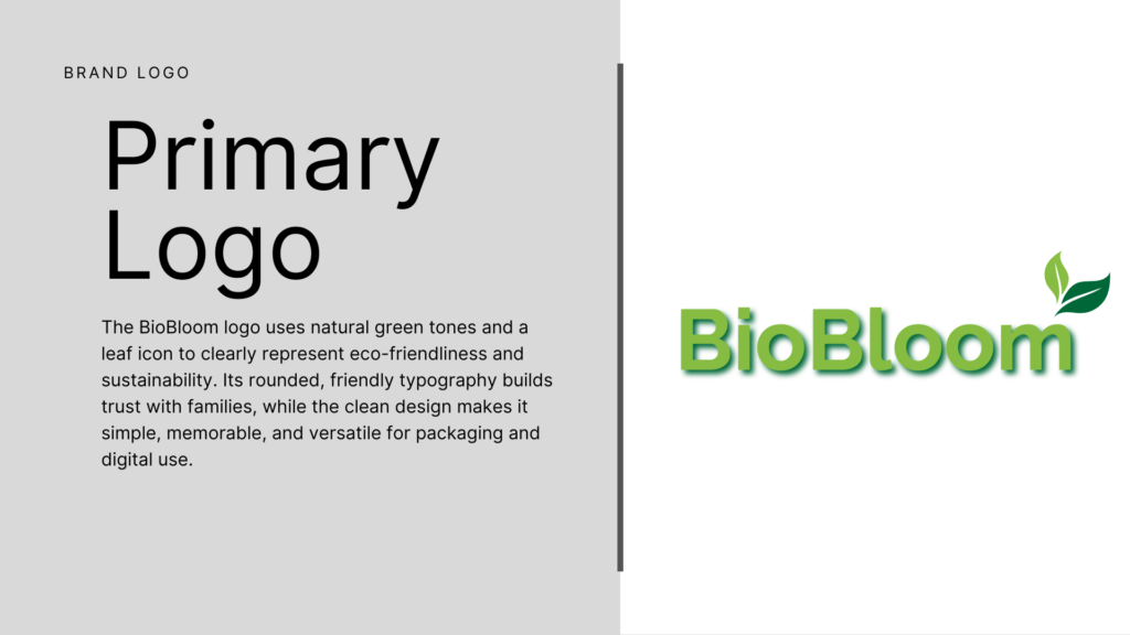 BioBloom primary logo slide featuring green BioBloom wordmark and leaf icon on a clean white background.