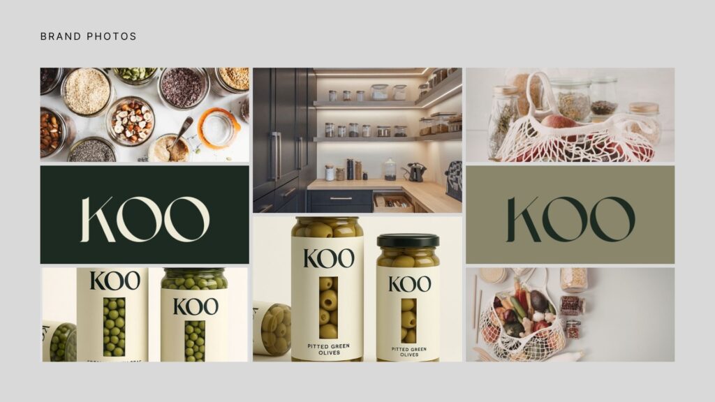 KOO rebrand moodboard with premium packaging, pantry-inspired brand photos, and earthy green neutral colour tones