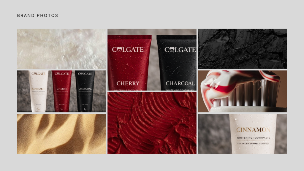 Colgate rebrand moodboard with toothpaste packaging, textures, and premium product imagery