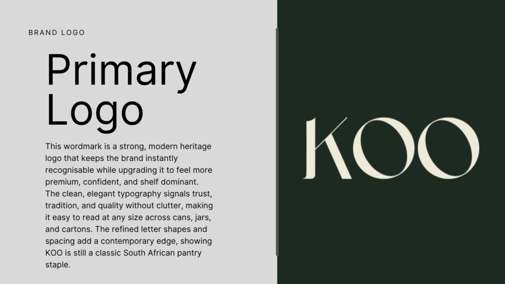 KOO primary logo presentation showing elegant wordmark on deep green background with brand explanation text