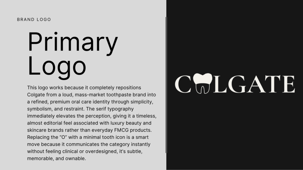Colgate logo redesign with tooth icon replacing the letter O in a luxury layout