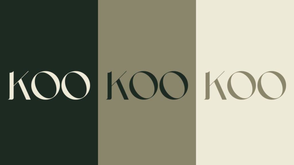 KOO logo variations displayed in deep green, olive, and cream colourways for flexible premium brand application