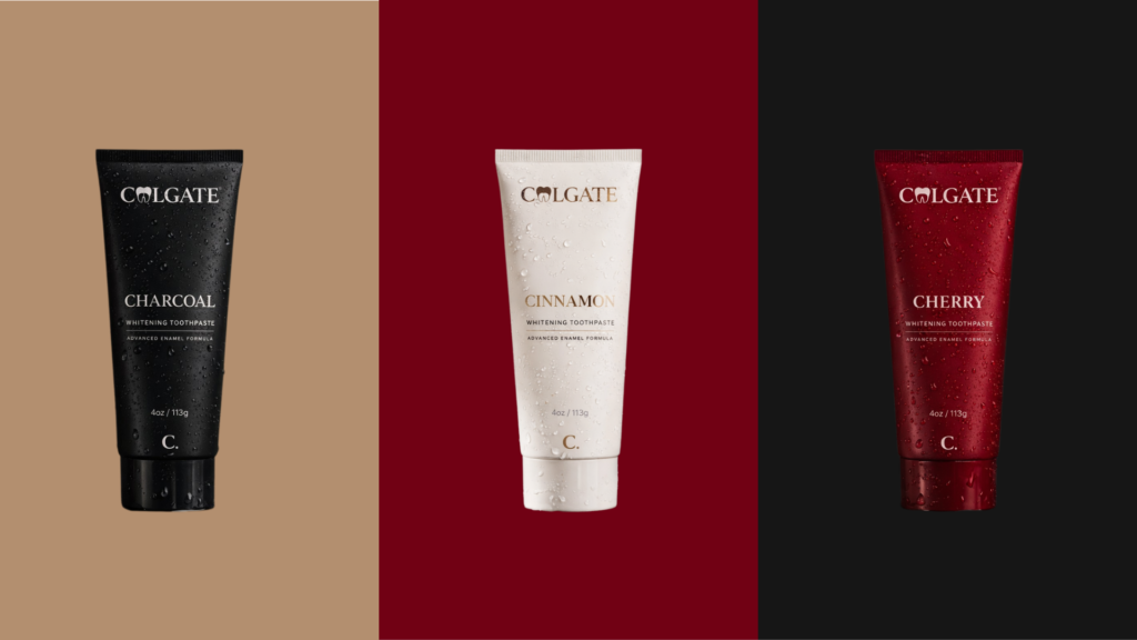 Three premium Colgate toothpaste tubes in charcoal, cinnamon, and cherry packaging colors