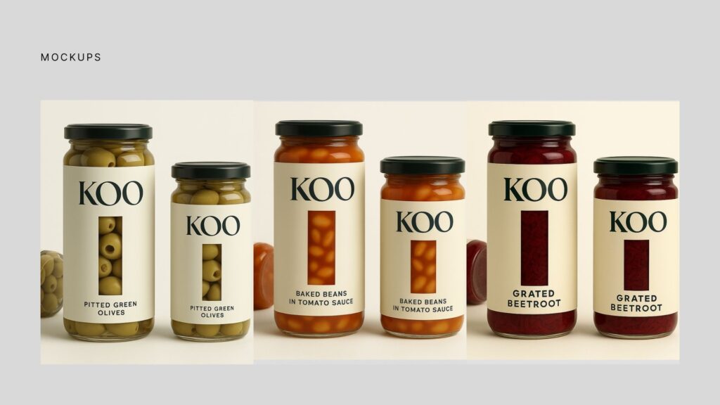 KOO packaging mockups with premium jars for olives, baked beans, and grated beetroot in a modern rebrand concept