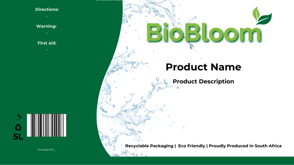 BioBloom eco-friendly cleaning product label design concept with green branding, water splash graphics and recyclable packaging message.
