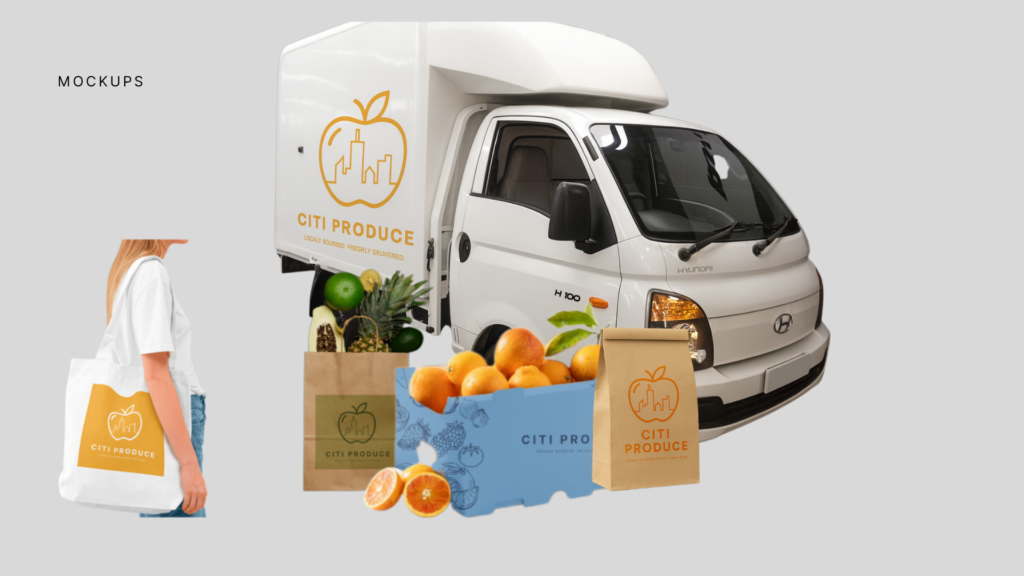 CITI Produce mockups on delivery truck, tote bag, produce box and paper packaging.