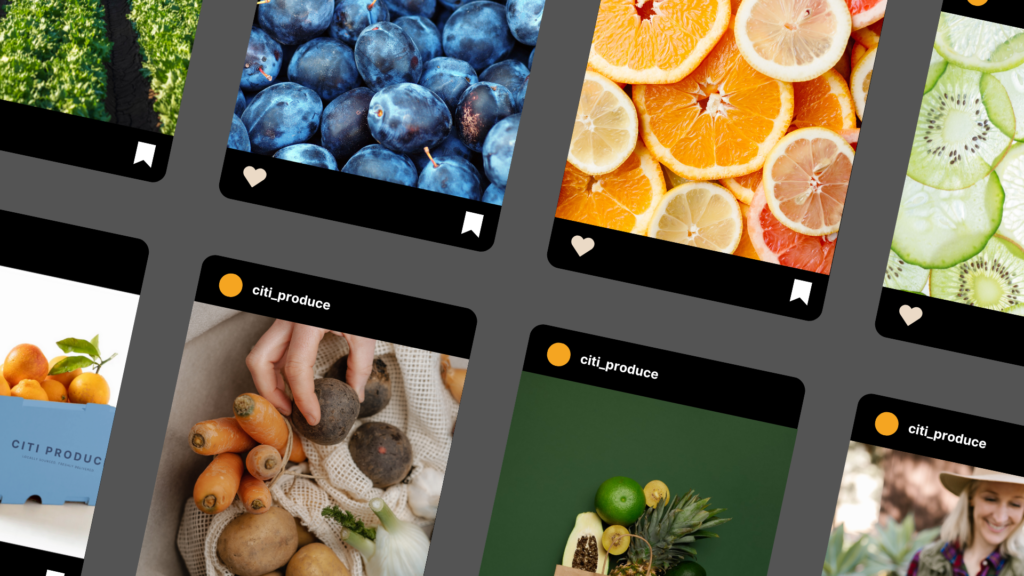 CITI Produce social media mockups featuring fruit, vegetables and branded produce posts.