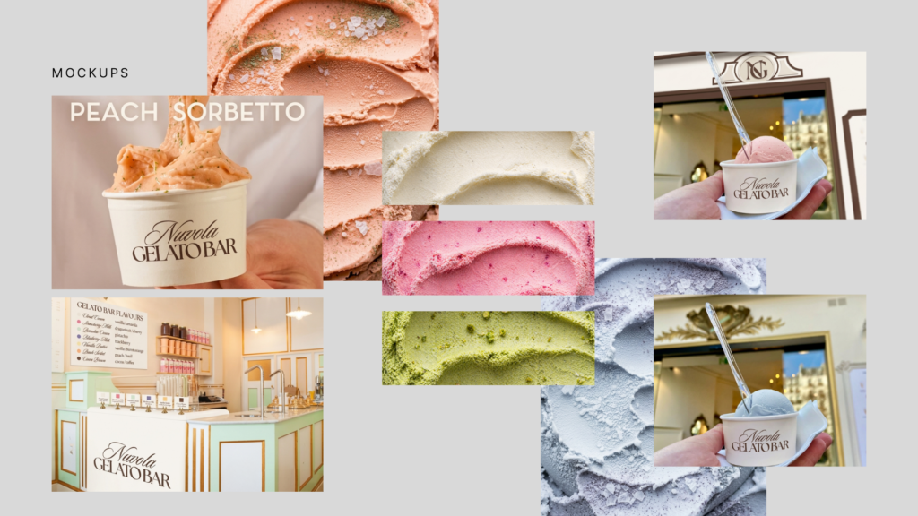 Nuvola Gelato Bar mockup collage with gelato cups, shop interior, textures, and branded packaging