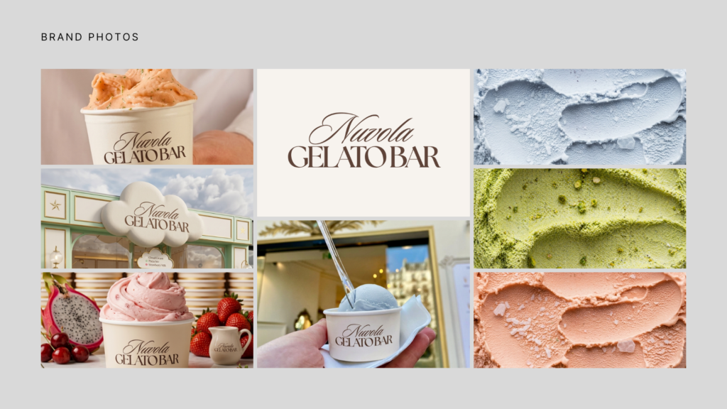 Nuvola Gelato Bar brand photo collage with gelato cups, logo, storefront, and pastel textures