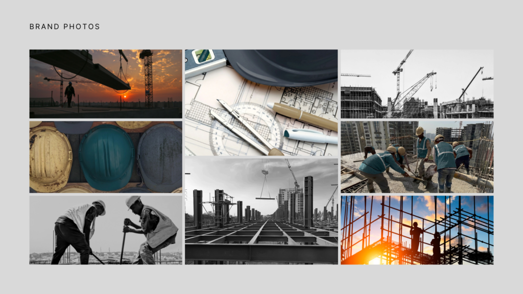 Construction brand photo collage with workers, cranes, helmets, blueprints and site imagery.