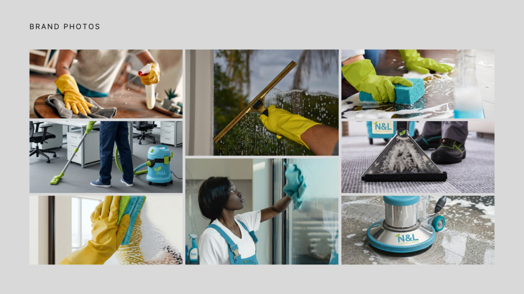 N&L Cleaning Services brand mockups with uniforms, cleaning equipment, floors, carpets, and windows.