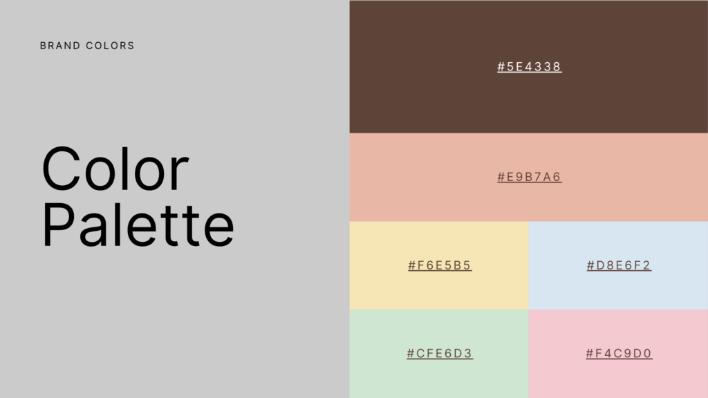 Pastel brand colour palette with cocoa brown, peach, yellow, blue, green, and pink tones