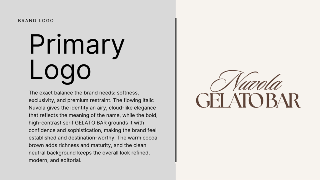 Nuvola Gelato Bar primary logo displayed in brown on a cream background