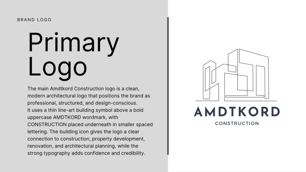Amdtkord Construction primary logo with architectural line icon and bold wordmark.