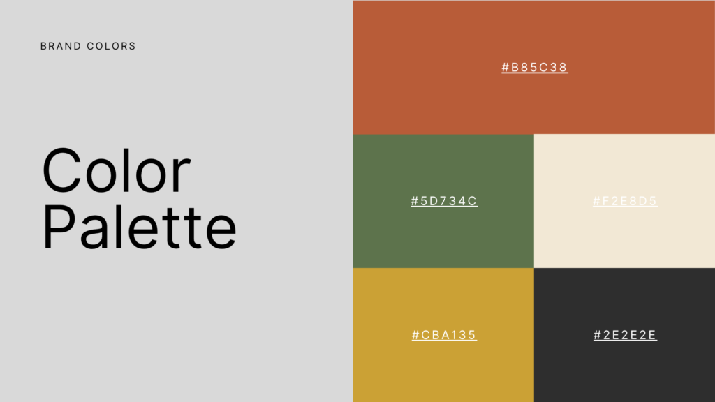 Oupa se Hoed colour palette with rust, olive green, cream, mustard yellow, and charcoal.