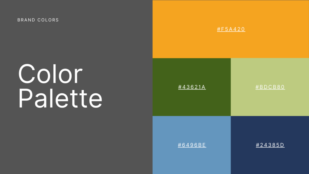 CITI Produce colour palette with orange, green, soft green, blue and navy tones.
