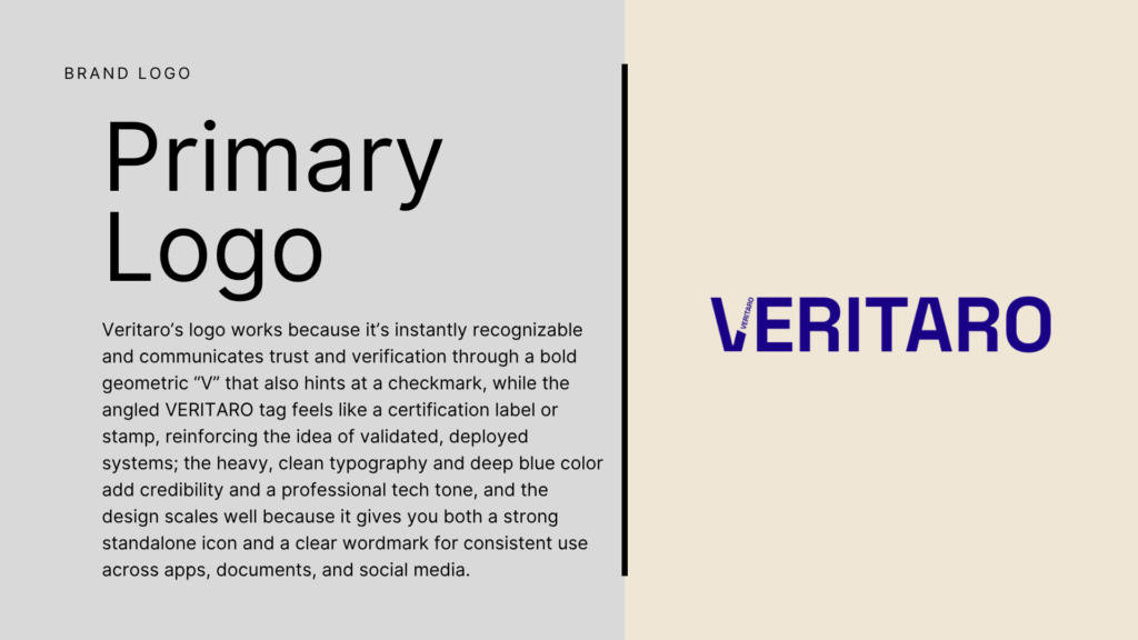 Veritaro primary logo slide with deep blue wordmark and geometric V icon.