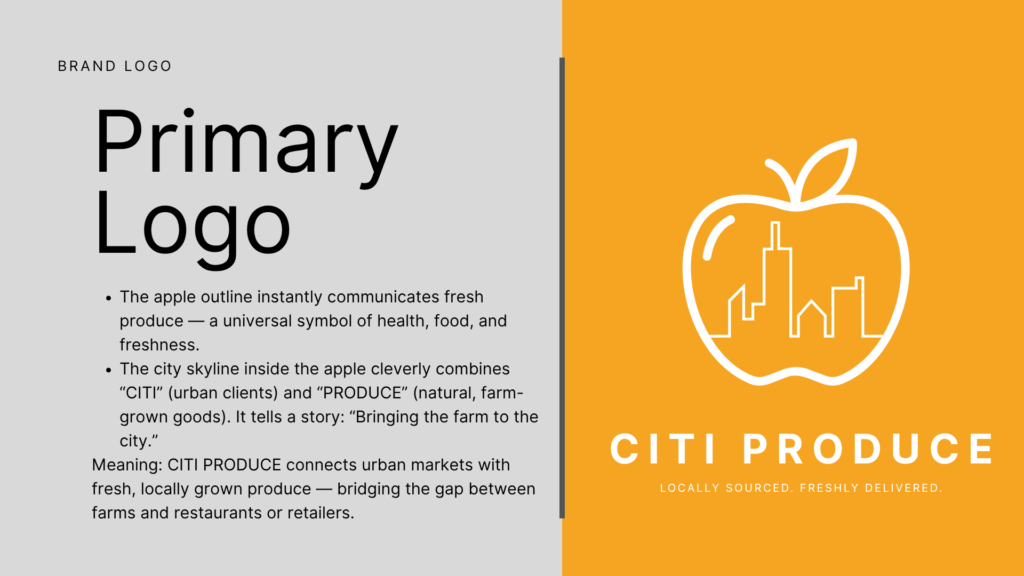 CITI Produce primary logo with apple outline, city skyline and orange background.
