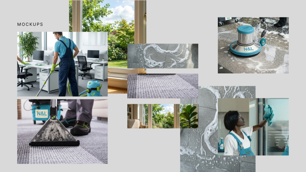 N&L Cleaning Services brand mockups with uniforms, cleaning equipment, floors, carpets, and windows.