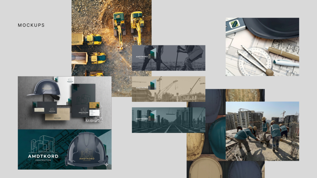 Amdtkord Construction brand mockups on helmets, stationery, signage and site visuals.