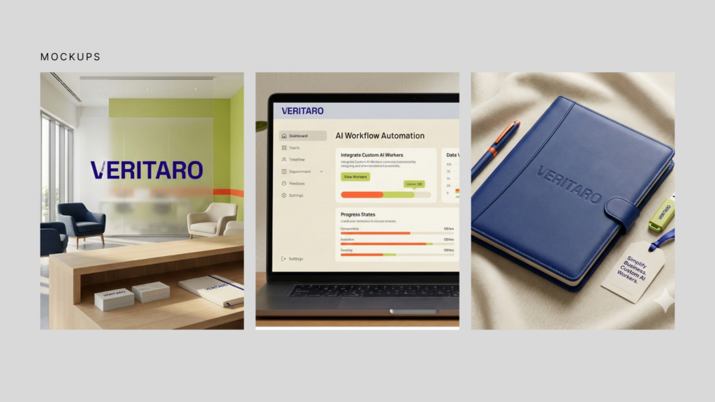 Veritaro brand mockups on office wall, laptop dashboard and branded notebook.