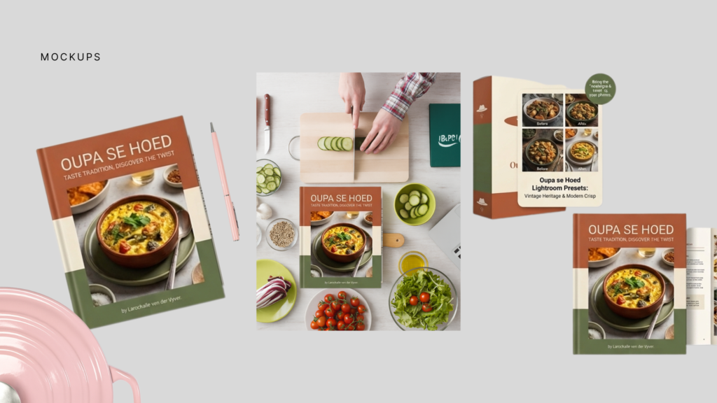 Oupa se Hoed cookbook mockups with branded recipe book covers and fresh kitchen ingredients.