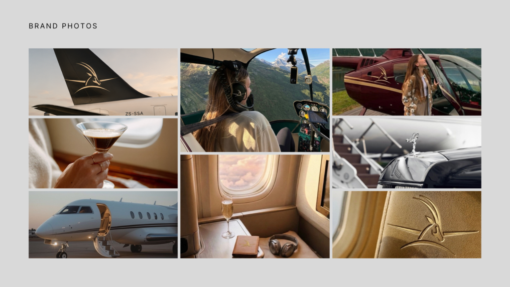 SableSky Africa brand photo board with private jet, helicopter, champagne, and luxury travel imagery.