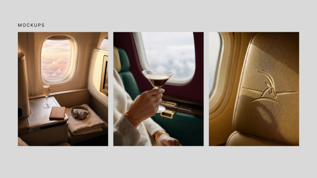SableSky Africa luxury aviation mockups with branded in-flight items and embossed logo detail.