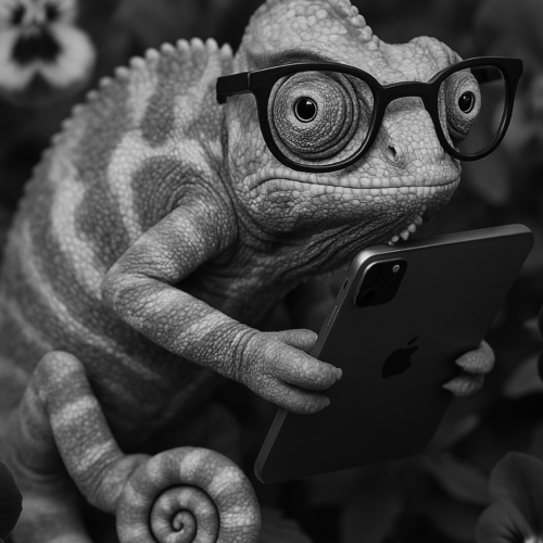 Black and White chameleon with black glasses holding an iPad surrounded by blooming pansy flowers